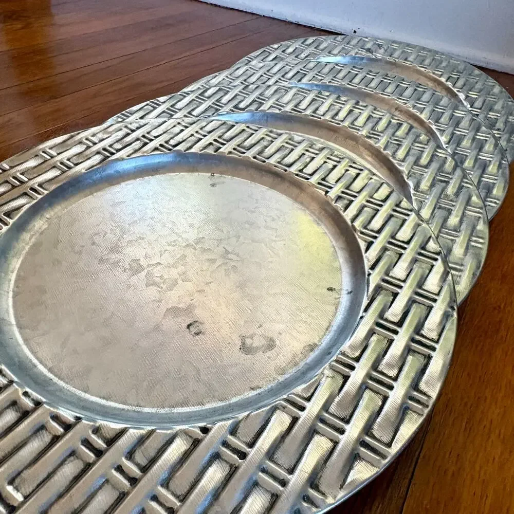 Vintage Galvanized Metal Charger Plates Set of 4, 13 Inch Industrial Table Decor